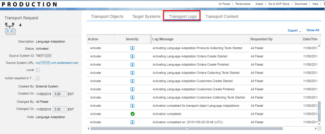 C4hana Transport logs
