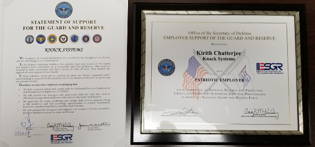 The 2018 Office of the Secretary of Defense – Employer Support of the Guard and Reserve Patriot Award and letter